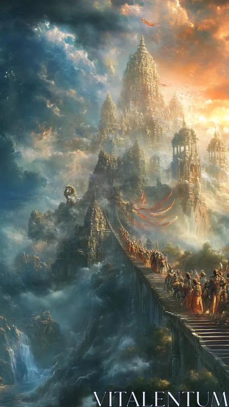 Radiant mountain kingdom welcomes pilgrims above the clouds.