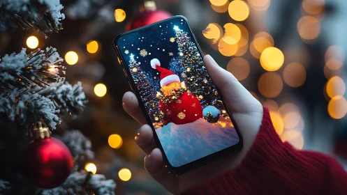 Smartphone with Santa scene amid blurred Christmas lights.