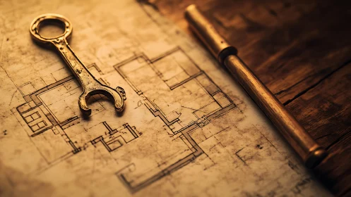 Vintage Brass Calipers and Surveying Instruments on Architectural Blueprints.