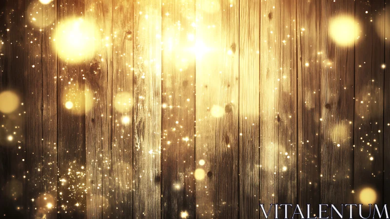 Golden light bokeh glows against rustic wooden planks.