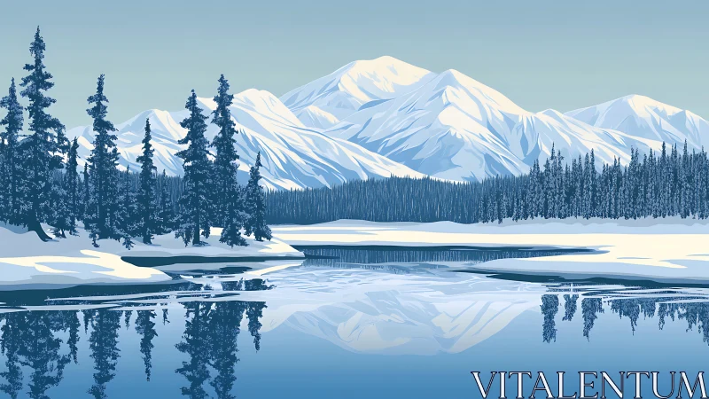 Snow-covered mountains reflected in frozen alpine lake.