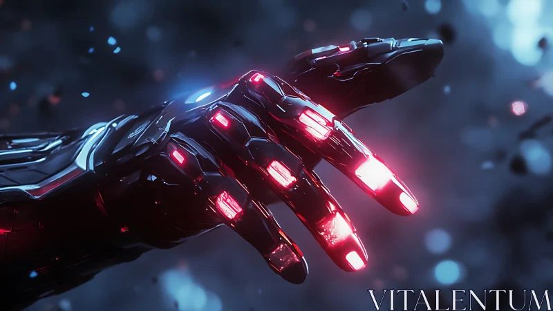 Cybernetic fingertips ignite a storm of lucid crimson light