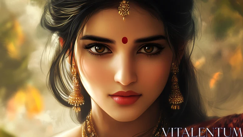 Digital portrait of Indian woman with bindi and gold jewelry.