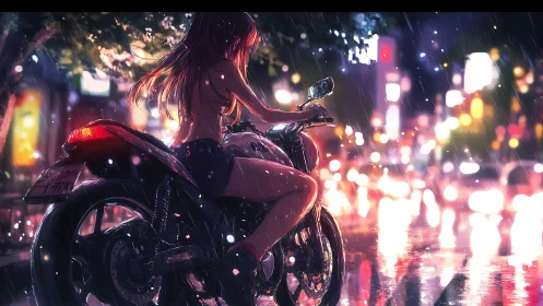 Neon rain city rider in cinematic anime nightscape composition.