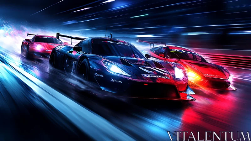 Night GT race cars streak through neon-lit rain-soaked circuit.