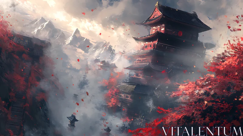 Crimson pagoda dreaming in mist between whispering mountains.