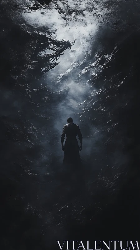 Shadow wanderer ascends toward a storm-torn void sky.