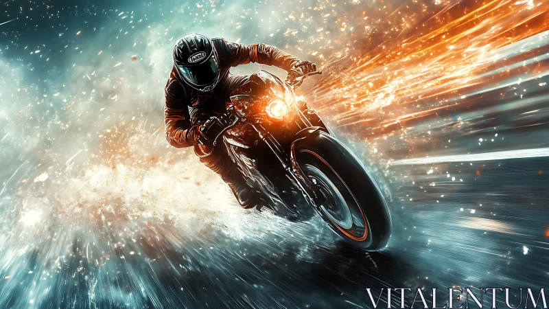 Motorcyclist on road with high speed light trails effect.