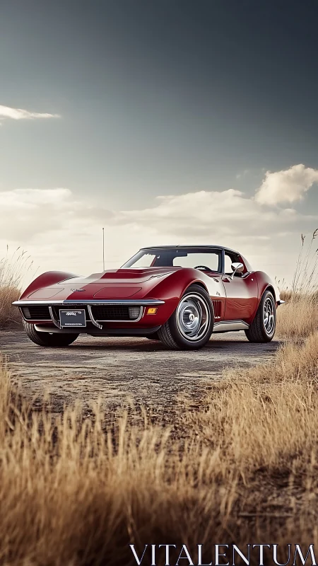 Red vintage sports coupe on rural dirt road at dusk.
