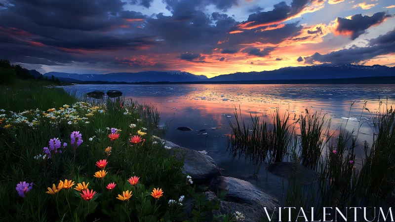Spectral lake sunset with foreground wildflower macro ecology.