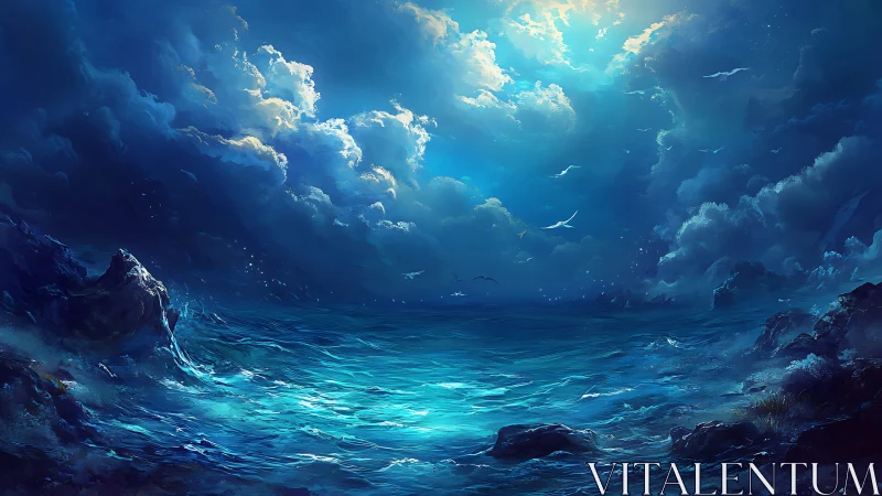 Stormlit azure ocean under towering luminous clouds