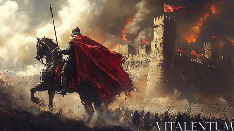 Armored warlord advances on a burning fortress at dusk