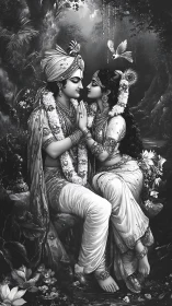 Monochromatic portrait depicts two figures with ornamental jewelry in forest setting