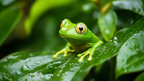 Rain-bright jungle frog pauses mid-leap on glossy leaves