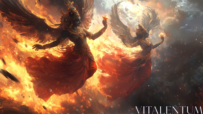 Winged deities in flame-filled sky with symmetrical formation.