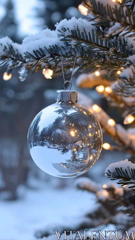 Glass ornament on snow covered evergreen branch at dusk.
