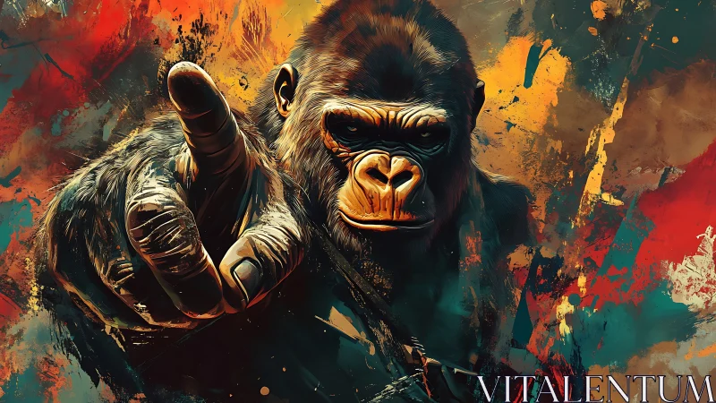 Commanding gorilla points forward amid explosive neon colors