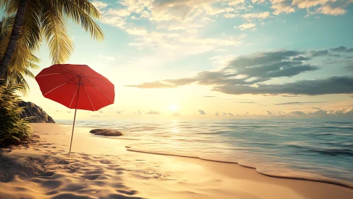 Red umbrella on quiet tropical beach at sunset.