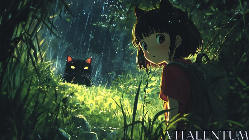Girl meets glowing eyed black cat in rainy forest clearing