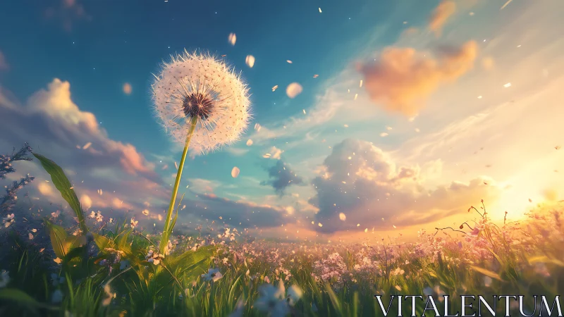 Backlit dandelion seed head anchors a luminous sunset field