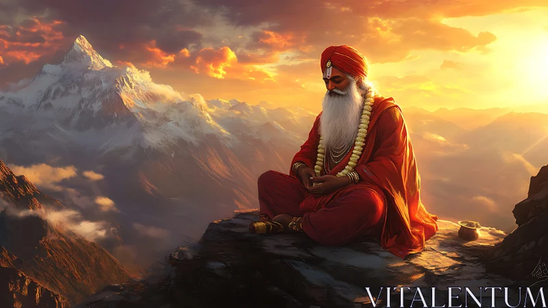 Meditating sage in saffron robes on sunlit Himalayan peak edge