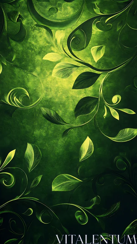 Green abstract foliage pattern with swirling leafy vines.