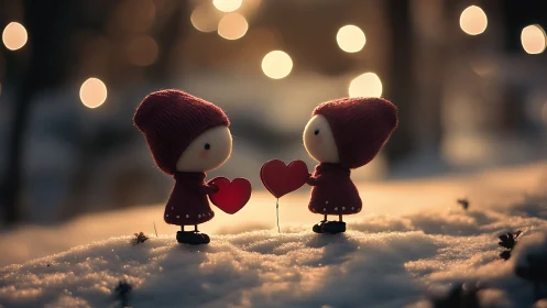 Two Heart-Holding Figures Share Love in Snowy Winter Lights