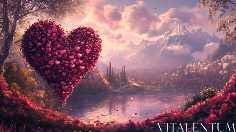 Colossal heart-shaped flower topiary overlooks mountain valley