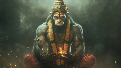Mythic monkey warrior in meditation holding sacred fire.