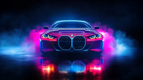 Neon-lit performance coupe rendered with high-gloss reflections and volumetric fog