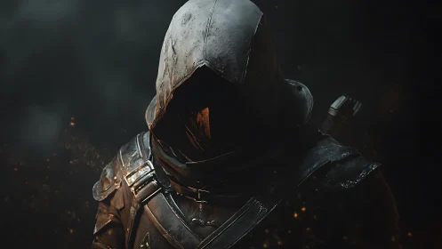 Hooded rogue in scorched armor amid drifting embers.