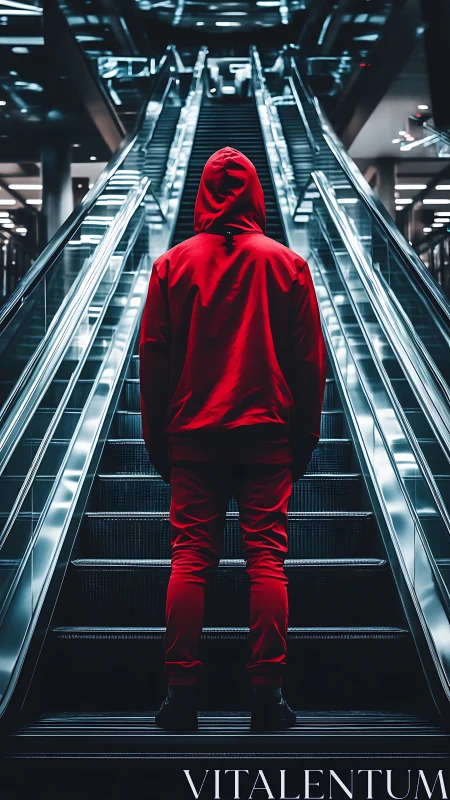 Hooded figure in red standing before dual escalators.