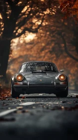 Classic gray sports car cruising through a cozy autumn road.