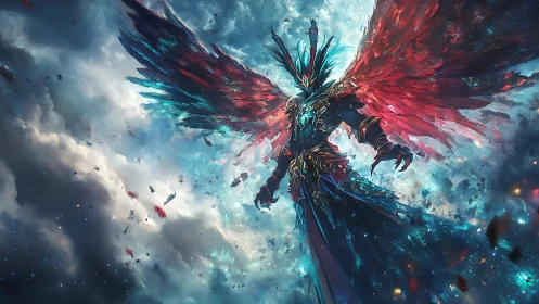 Epic celestial warlord with prismatic wings, digital painting.