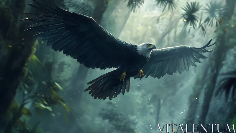 Majestic Bald Eagle Soaring Through Misty Forest in Realistic Art.