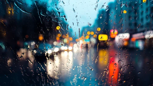 Raindrops turn city traffic into streaked neon watercolor haze