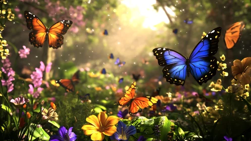 Digital painting of luminous butterflies in sunlit flower meadow.