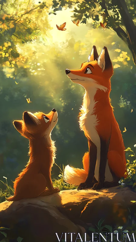 Two stylized foxes observing butterflies in forest light.