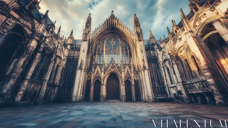 Digital painting of neo-gothic cathedral façade in low perspective.