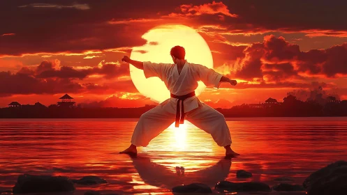 Sunset martial artist finding focus by the glowing shoreline.