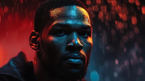 Moody neon portrait captures determination in the falling rain