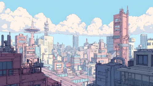 Pastel toned futuristic cityscape under clear sky.