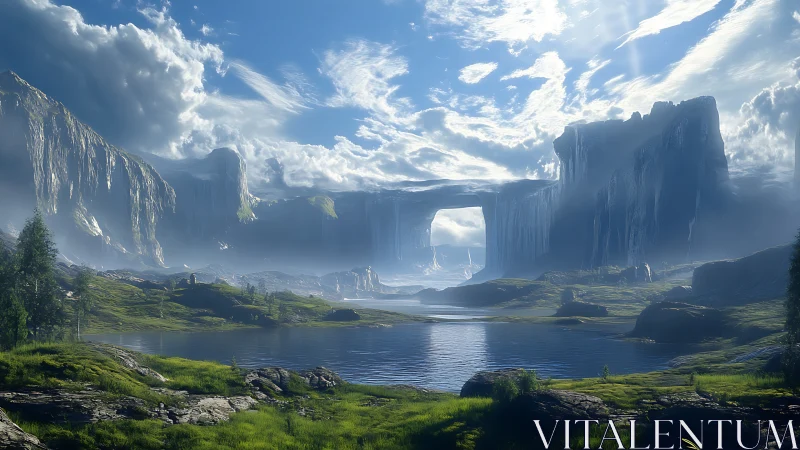 Panoramic alien valley with plateau arches and misted lake