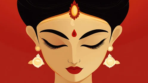 Elegant Indian Woman Illustration with Red Background in Minimalist Style.