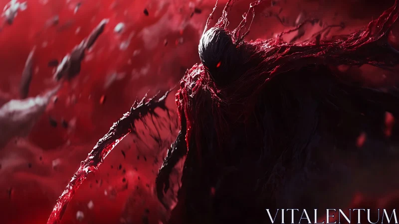 Crimson shadow reaper drifting through a storm of embers.