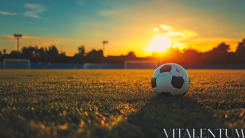 Soccer ball rests on sunlit field under vivid sunset glow