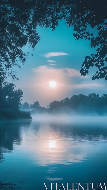 Mist-veiled lake at sunrise rendered in cool cyan tonal harmony