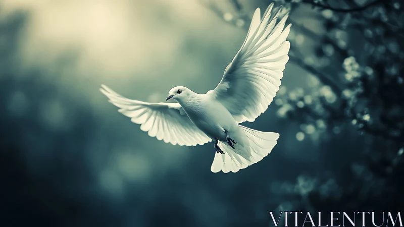 Elegant white dove in flight, ethereal soft focus nature photography.