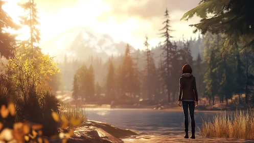 Teen figure stands at forest lake under bright mountain sunset