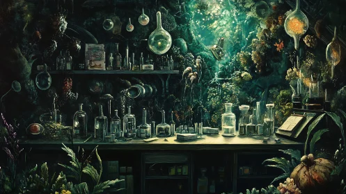Alchemical forest laboratory with glass vessels and verdant light.